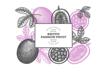 Hand drawn sketch style passion fruit banner. Organic fresh fruit vector illustration. Retro exotic fruit design template