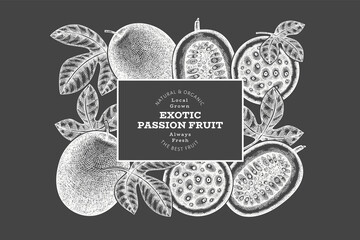 Hand drawn sketch style passion fruit banner. Organic fresh fruit vector illustration on chalk board. Retro exotic maracuya design template