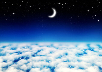 Obraz na płótnie Canvas 三日月と星空と雲海（青と水色）