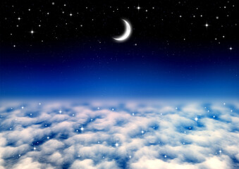 Obraz na płótnie Canvas 三日月と星空と雲海（青）