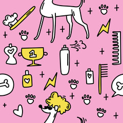 Dog grooming pattern. Dog grooming. Groomer. Grooming tools. Doodle pattern. For backgrounds, packaging, textile and various other designs.