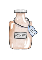 Cartoon Jar of Medicine. Pharmaceutical products. Medicament in a Bottle. Watercolor illustration on white isolated background
