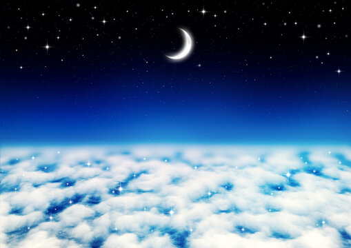 三日月と星空と雲海（青と水色）
