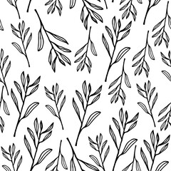 Vector seamless pattern with twigs and leaves. Natural pattern with plants