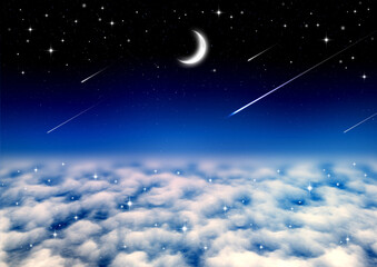 三日月と流れ星と星空と雲海（青）
