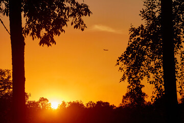 red sky at sunset. silhouette of a flying plane in the sunset sky