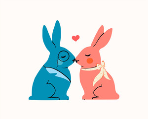 Two cute bunnies in love. Colorful trendy illustration for postcards and invitations. Romantic couple of animals, concept for weddings, Easter and Valentine's Day in hand-drawn modern style.