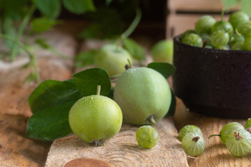 Fresh gooseberries in clay pot. Traditional clay pot cooking. Gooseberry pickle making.green gooseberry and apple on a wooden surface