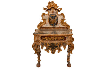 Old dressing table with mirror and golden decoration   isolated on white background