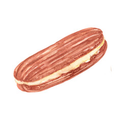 Eclair. Choux pastry with cream. Watercolor illustrations.
