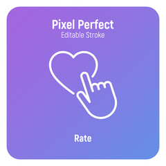 Rating thin line icon, service feedback. Human hand puts heart. Customer satisfaction. Pixel perfect, editable stroke. Vector illustration.