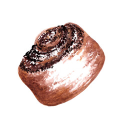 Bun, roll with poppy seeds and powdered sugar. 800 dpi watercolor illustration.
