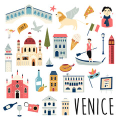 Obraz premium Set of famous symbols and landmarks of Venice. Vector bright set.