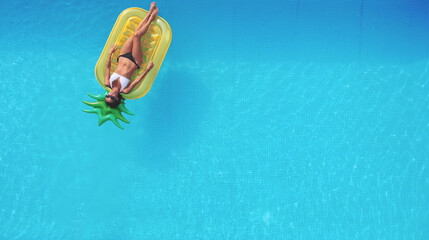 Aerial view of woman on pineapple shaped inflatable mattress in swimming pool.