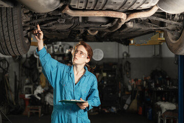 A young car mechanic girl examines the fastening of a wheel while standing under a car in a car repair shop or garage.Repair of the machine lifted up.Man's work and woman.