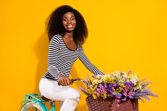 Photo portrait of curly woman riding a bike with flower pot smiling in casual clothes isolated vivid yellow color background