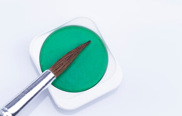 The image shows green watercolor isolated with brush on white background