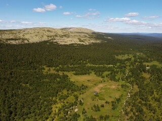 Green meadows, forest, hut and mountains against the blue sky. Photo from the drone