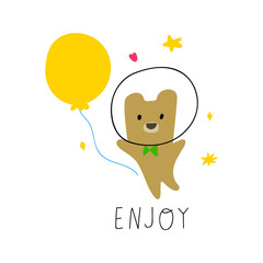 Enjoy. Little bear with balloon in space. Hand drawn vector illustration for kids.