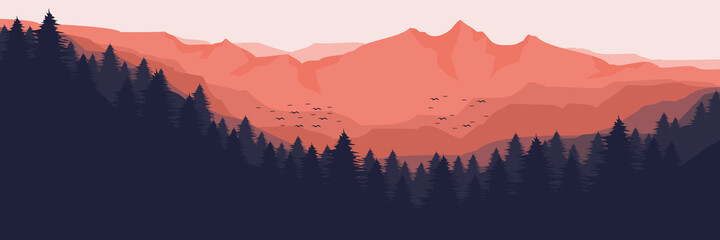sunrise over the mountain forest landscape flat design vector illustration for wallpaper, background, backdrop design, template design and tourism design template