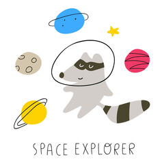 Space explorer. Raccoon fly among planets. Hand drawn vector illustration for kids.