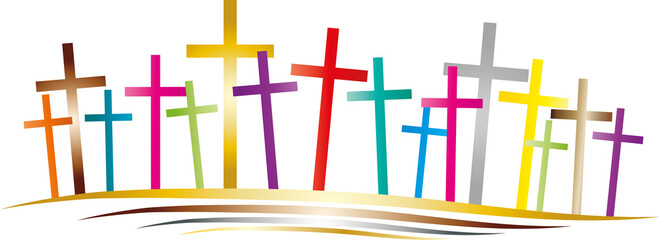 Banner mit Kreuzen als Symbol der Christentums, Einladung zur Konfirmation und Firmung, kirchliche Feierlichkeiten, junge Gemeinde
