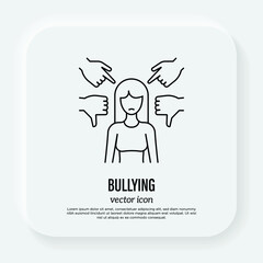 Bullying: the girl is pointed by fingers and by thumbs down. Aggressive behavior. Thin line icon. Vector illustration.