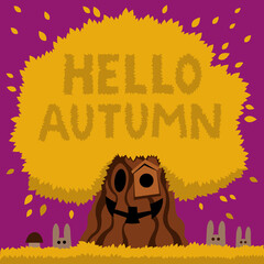 autumn poster hello autumn. a tree with a funny face and yellow foliage on a purple background. the inscription in the crown of the tree. seasonal nature. vector illustration.