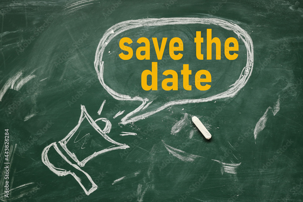Aufkleber save the date text on chalkboard. yellow font