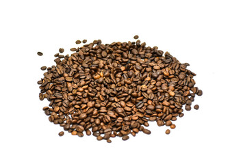 Roosted coffe beans on white background, photo for banners and typography