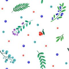 Natural seamless pattern. Leaves, branches and berries of different plants