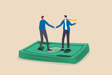 Salary negotiation, pay raise discussion or wages and benefit agreement, business deal or merger and acquisition concept, business people handshake on pile of money banknote after finish agreement.