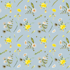 Watercolor floral seamless pattern of yellow dandelion flowers and white daisies