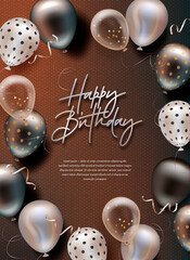 Vector birthday elegant greeting card or banner with realistic helium balloons on dark background
