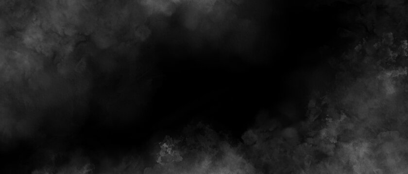 Gray smoke clouds on black color abstract watercolor background