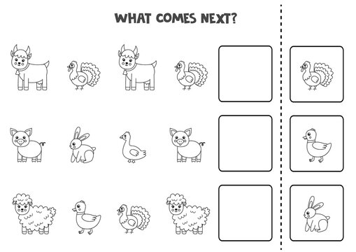 What comes next game with black and white farm animals.