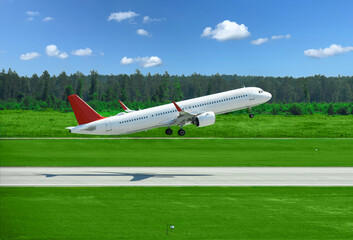 Fototapeta na wymiar Passenger plane takes off from airport runway in forest