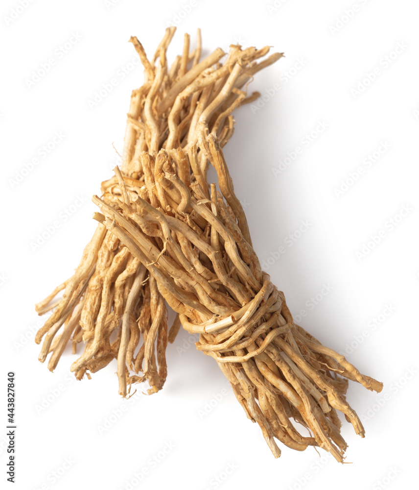 Sticker bunch of dried vetiver roots isolated on white background, top view