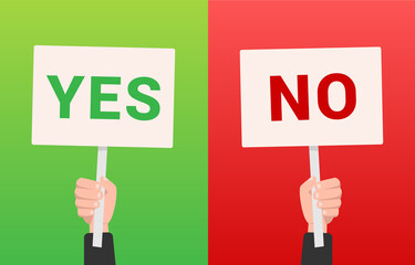 Hand holding yes or no placard. Question, choice, vote concept. Vector stock