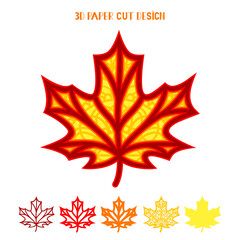 3D Maple Leaf. Multi layered vector paper template. Flat style. Isolated on white background. Autumn leaf with mandala pattern. Decorative element for card, wall art.