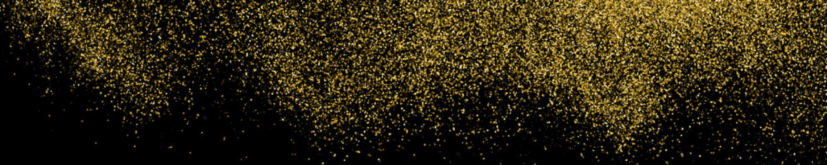 Golden Explosion Of Confetti. Gold Glitter Texture Isolated On Black. Panoramic Background. Wide Horizontal Long Banner For Site. Celebratory Background. Vector Illustration, Eps 10.