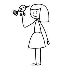 cartoon stick figure girl and bird, isolated
