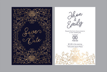 Wedding invitation cards baroque style gold. Vintage Pattern. Retro Victorian ornament. Frame with flowers elements. Vector illustration. - Vector	
