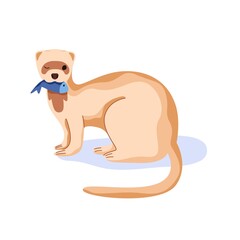 Cute ferret holding fish in mouth and winking. Funny weasel with food. Adorable stoat animal eating. Flat cartoon vector illustration of lovely mink isolated on white background.