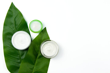 Natural cream in a jar and green leaves on a white background