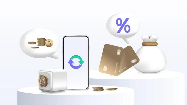 Video web banner money, cards, coins. Saving money, online banking, cashback. Gold set. Landing page template. Transfer money, card, cashback. Phone and bank card on background. Modern isolated video