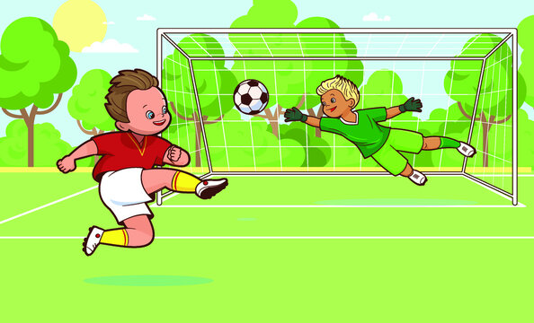 Two soccer players playing soccer on the field, scoring a goal .Vector cartoon illustration for children on a sports theme