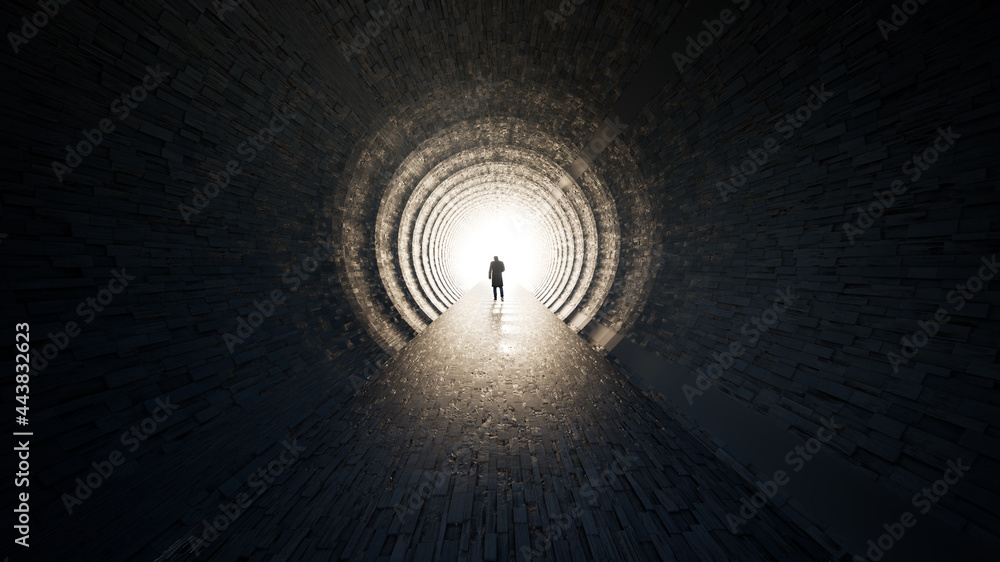 Wall mural concept or conceptual dark tunnel with a bright light at the end or exit as metaphor to success, fai