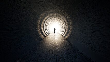 Concept or conceptual dark tunnel with a bright light at the end or exit as metaphor to success, faith, future or hope, a black silhouette of walking man to new opportunity or freedom 3d illustration - obrazy, fototapety, plakaty