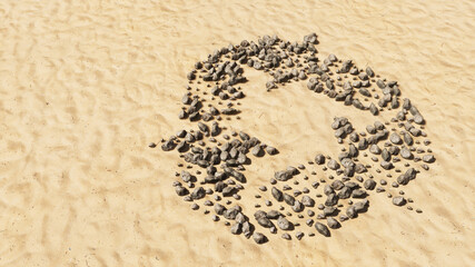 Concept conceptual stones on beach sand handmade symbol shape, golden sandy background, recycle sign. 3d illustration metaphor for recycling, waste reduction, conservation, protection of environment